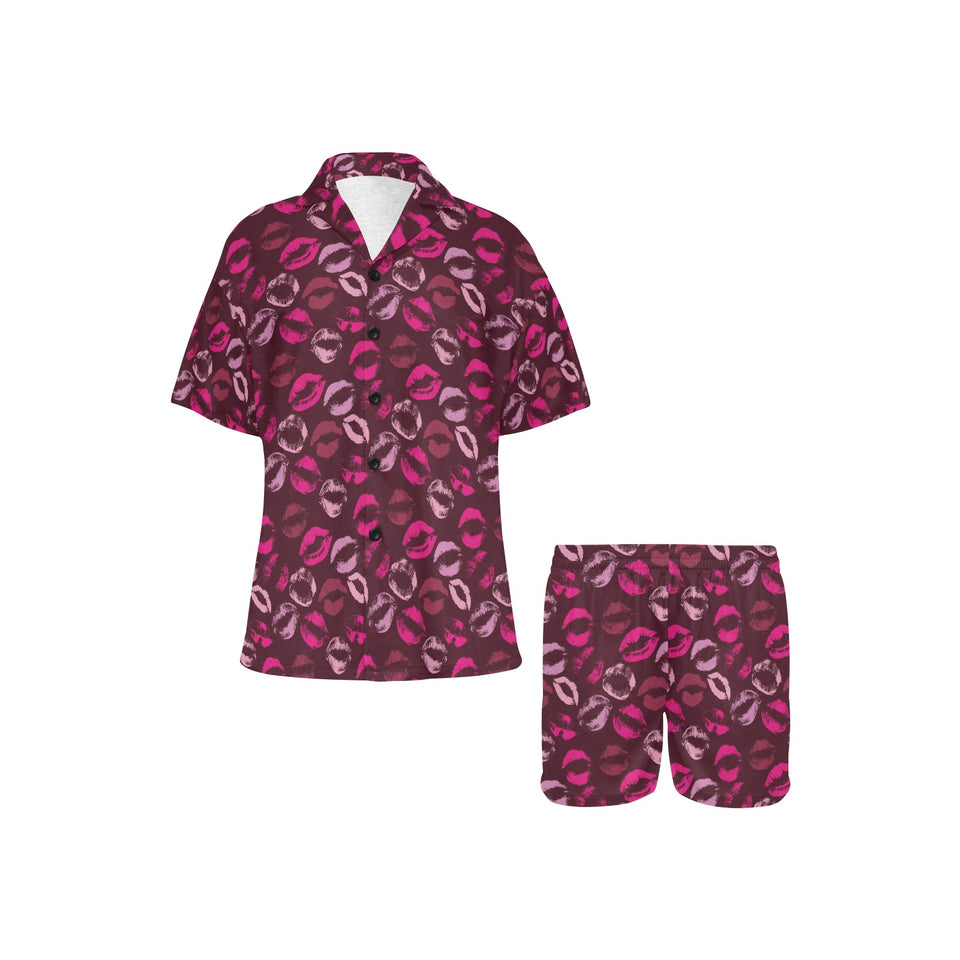 Lips Pattern Print Design 03 Women's V-Neck Short Pajama Set