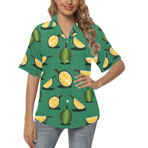 Durian pattern green background Women's All Over Print Hawaiian Shirt