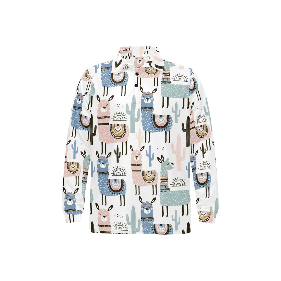 lama Alpaca cactus hand drawn pattern Men's Long Sleeve Polo Shirt