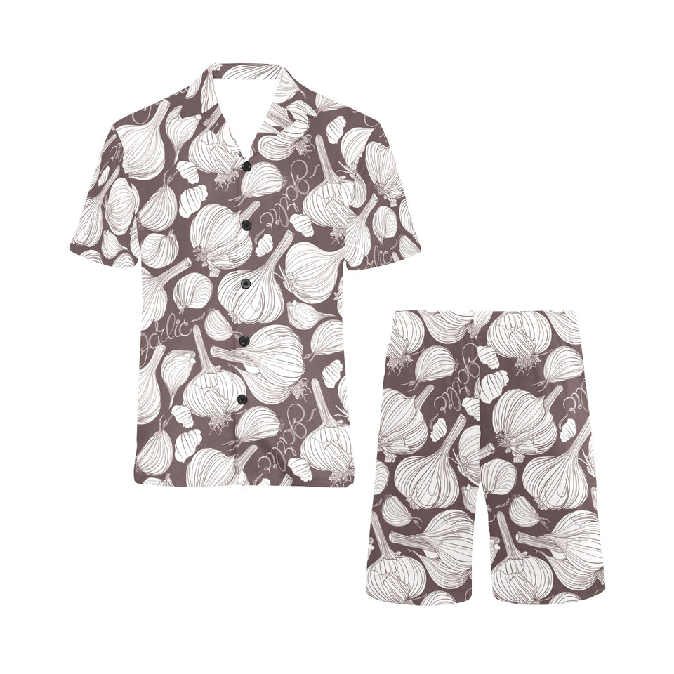 Garlic bulb dark background Men's V-Neck Short Pajama Set