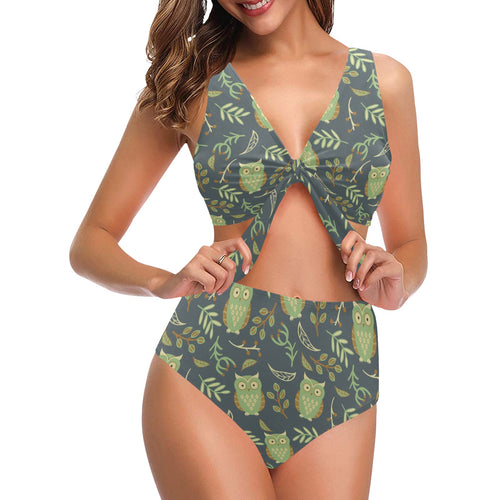 Cute owls leaves pattern Chest Bowknot High Waisted Bikini Swimsuit