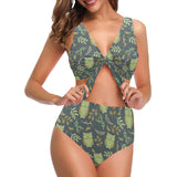 Cute owls leaves pattern Chest Bowknot High Waisted Bikini Swimsuit