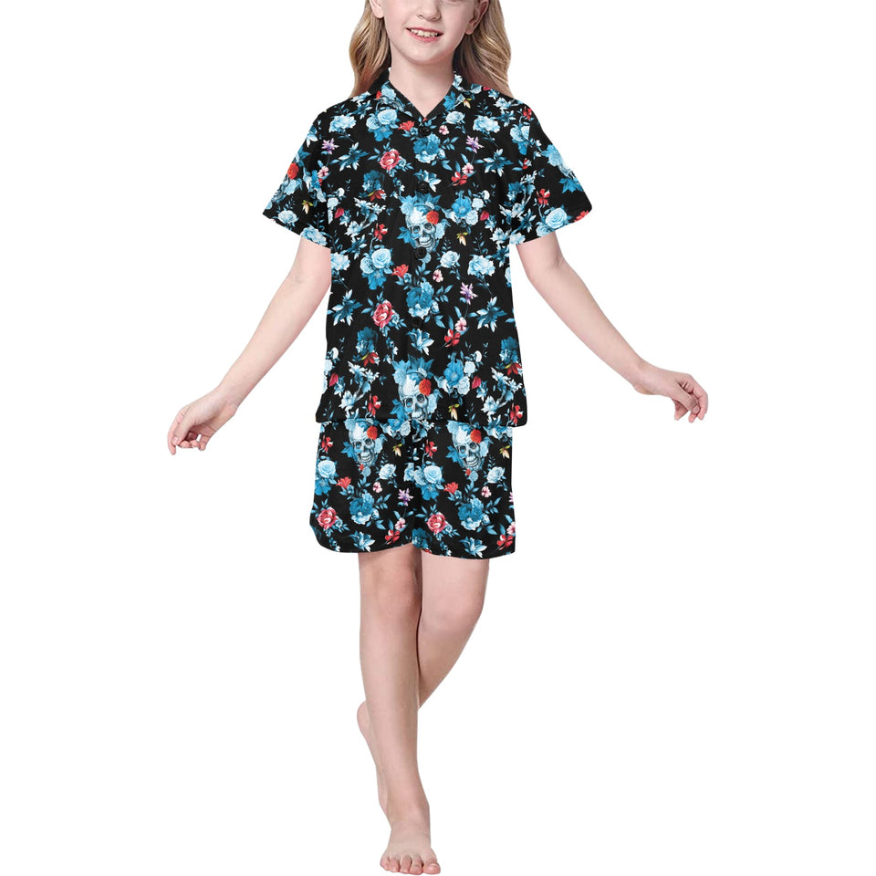 Skull flower roses leave pattern Kids' Boys' Girls' V-Neck Short Pajama Set