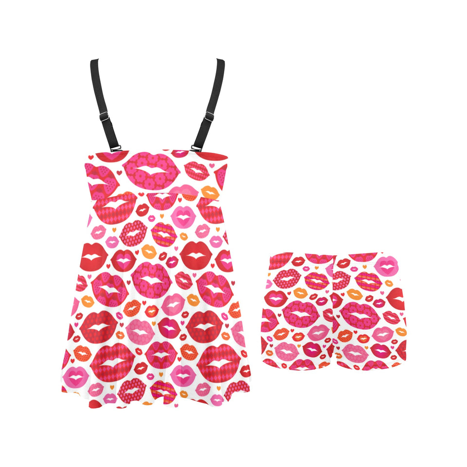 Lips Pattern Print Design 01 Chest Sexy Pleated Two Piece Swim Dress