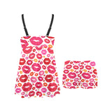 Lips Pattern Print Design 01 Chest Sexy Pleated Two Piece Swim Dress