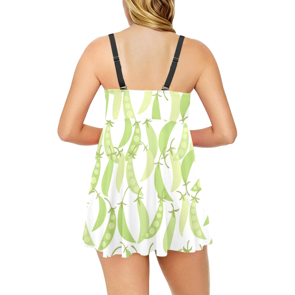 Green Peas Pattern Print Design 03 Chest Sexy Pleated Two Piece Swim Dress