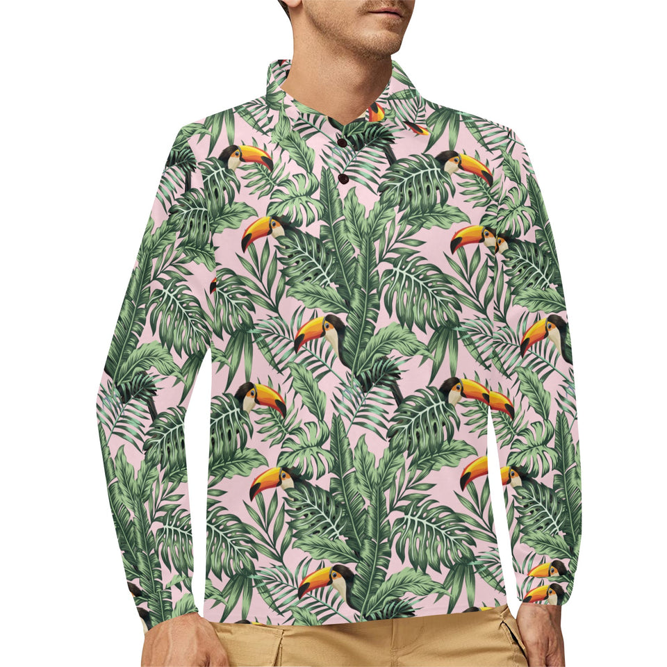 Toucan tropical green jungle palm pattern Men's Long Sleeve Polo Shirt