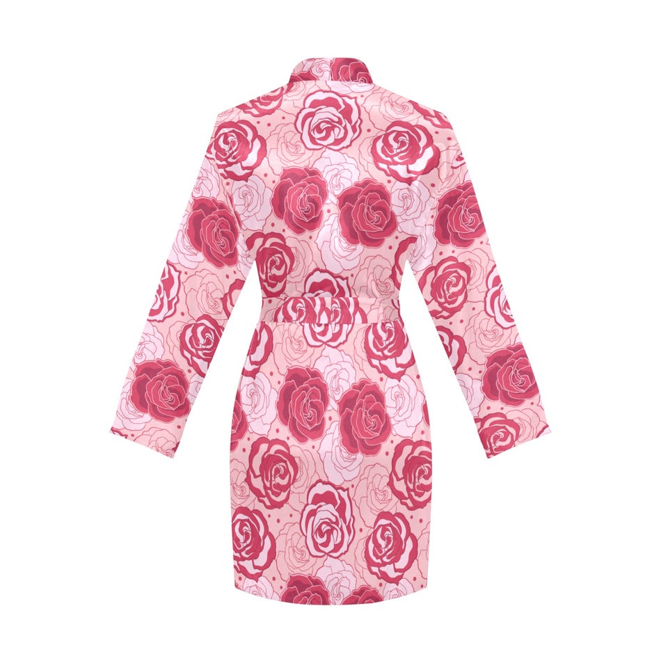 Rose Pattern Print Design 02 Women's Long Sleeve Belted Night Robe