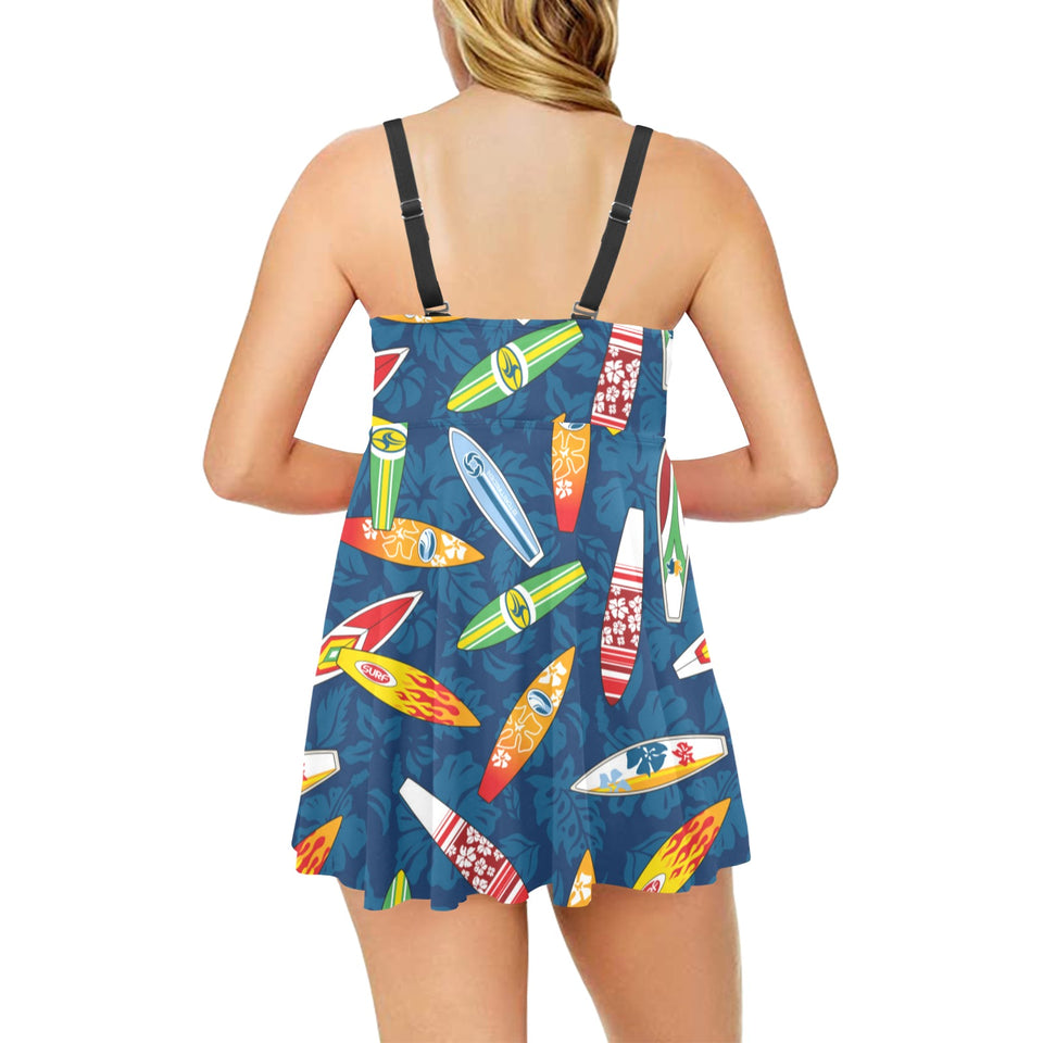 Surfboard Pattern Print Design 01 Chest Sexy Pleated Two Piece Swim Dress