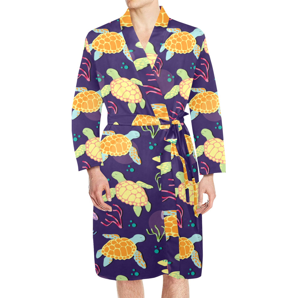 Colorful sea turtle pattern Men's Long Sleeve Belted Night Robe