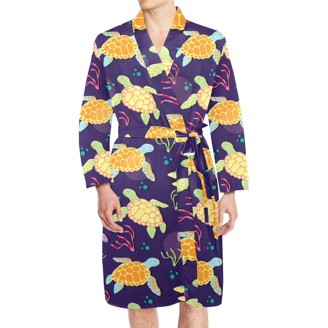 Colorful sea turtle pattern Men's Long Sleeve Belted Night Robe