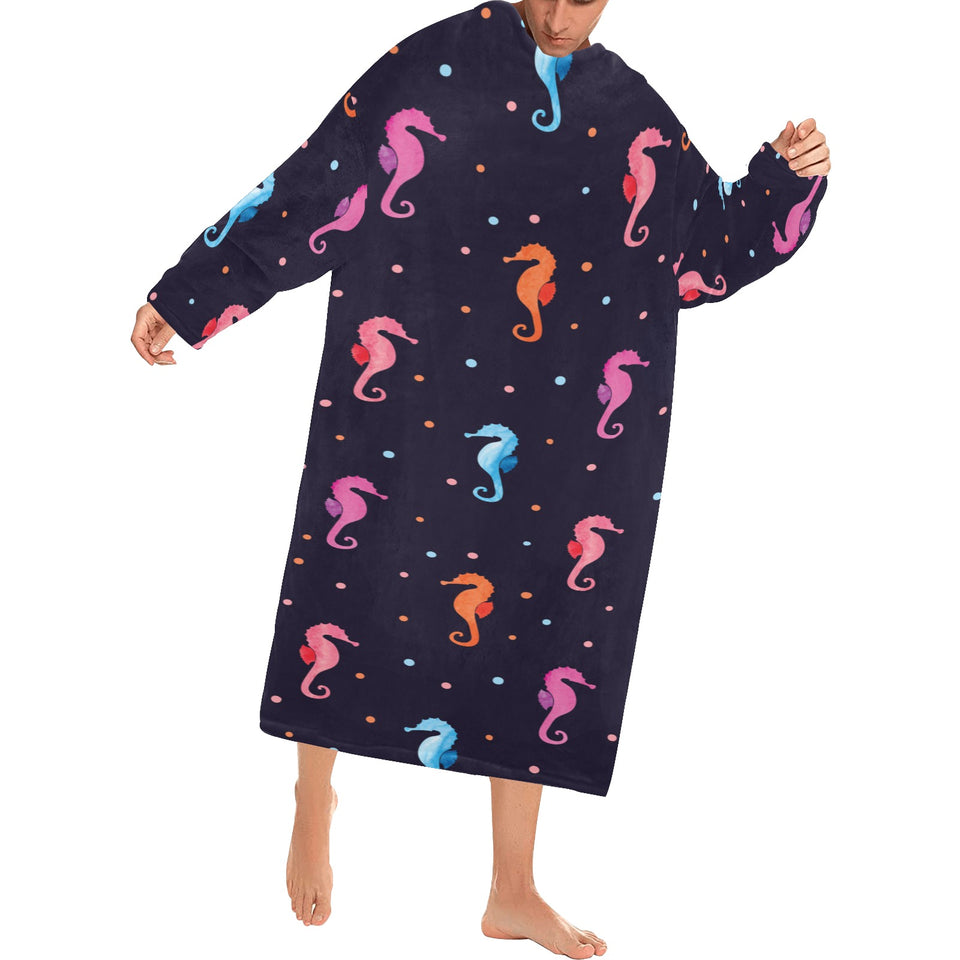 Watercolor colorful seahorse pattern Blanket Robe with Sleeves