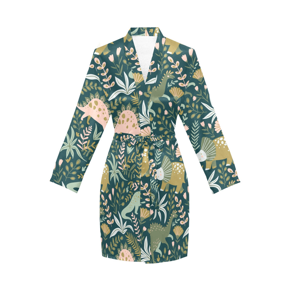 dinosaurs tropical leaves flower pattern Women's Long Sleeve Belted Night Robe