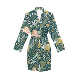 dinosaurs tropical leaves flower pattern Women's Long Sleeve Belted Night Robe