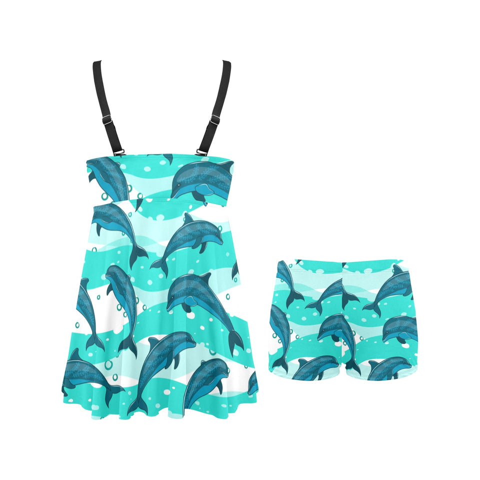 Dolphin sea pattern Chest Sexy Pleated Two Piece Swim Dress