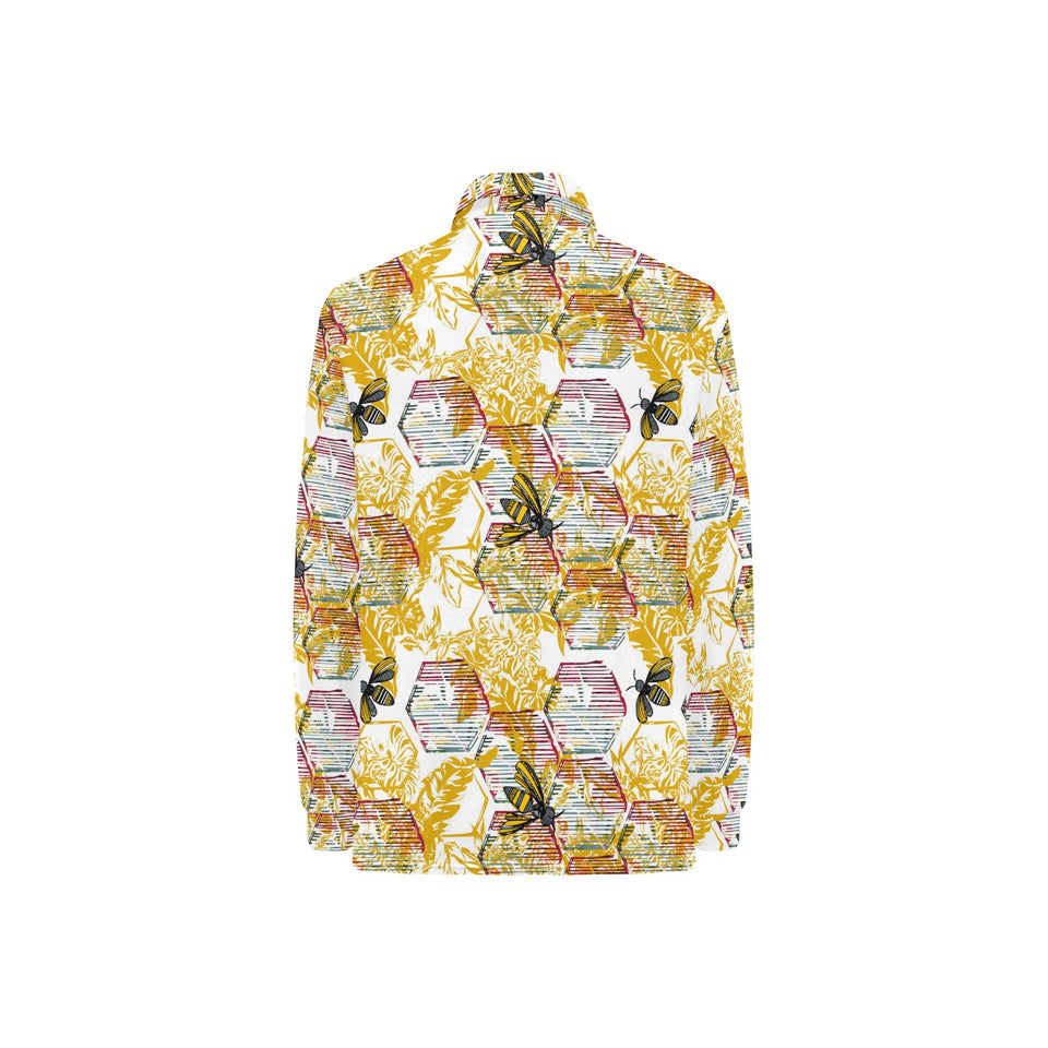 Cool Bee honeycomb leaves pattern Women's Long Sleeve Polo Shirt