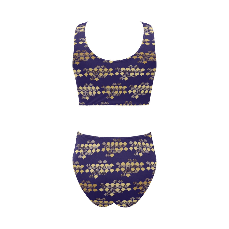 Beautiful japanese fan pattern Chest Bowknot High Waisted Bikini Swimsuit