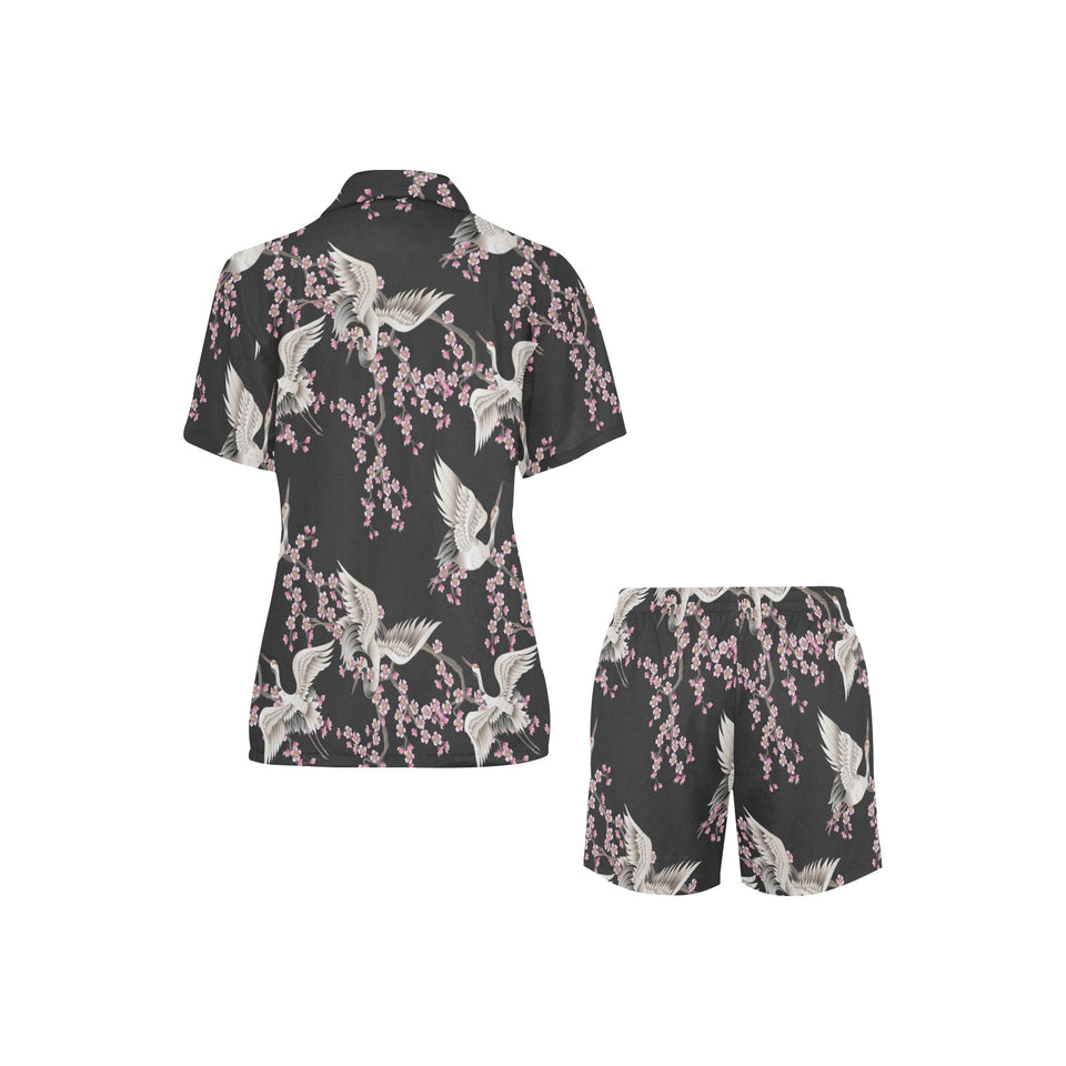 Japanese crane pink sakura pattern Women's V-Neck Short Pajama Set