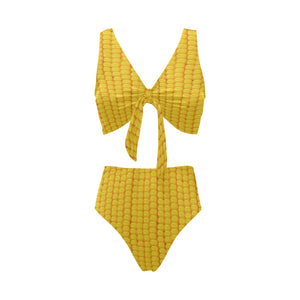 Corn Pattern Print Design 04 Chest Bowknot High Waisted Bikini Swimsuit