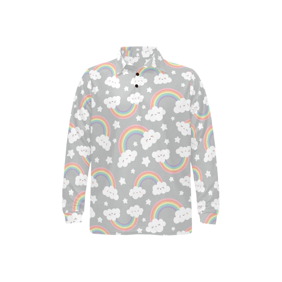 Cute rainbow clound star pattern Men's Long Sleeve Polo Shirt