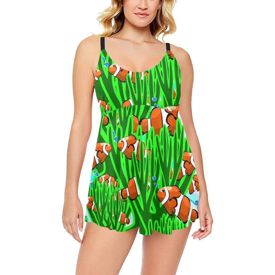 Clown Fish Pattern Print Design 01 Chest Sexy Pleated Two Piece Swim Dress