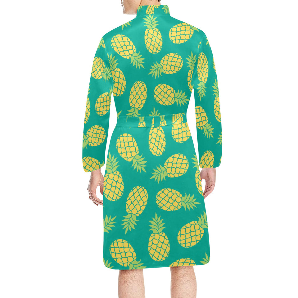 Pineapples pattern green background Men's Long Sleeve Belted Night Robe