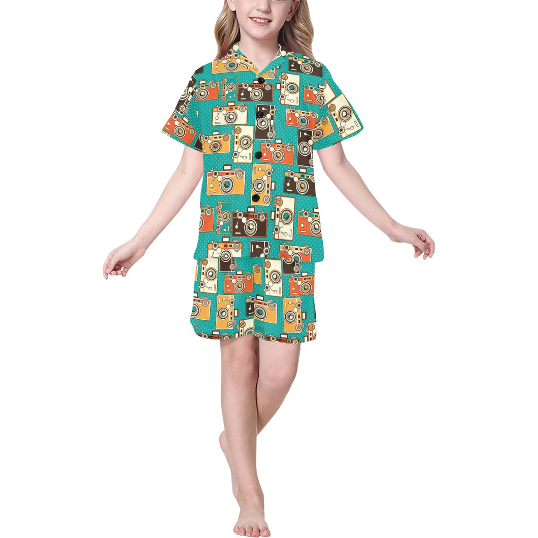 Camera Pattern Print Design 03 Kids' Boys' Girls' V-Neck Short Pajama Set