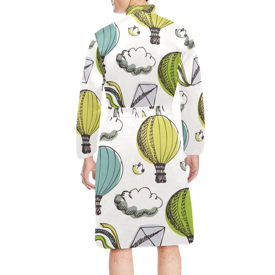 Hot Air Balloon Bird Cloud Pattern Men's Long Sleeve Belted Night Robe