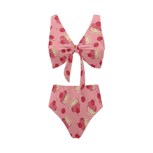 Cake cherry pattern Chest Bowknot High Waisted Bikini Swimsuit