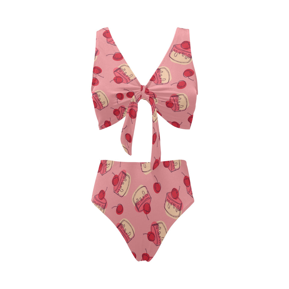Cake cherry pattern Chest Bowknot High Waisted Bikini Swimsuit