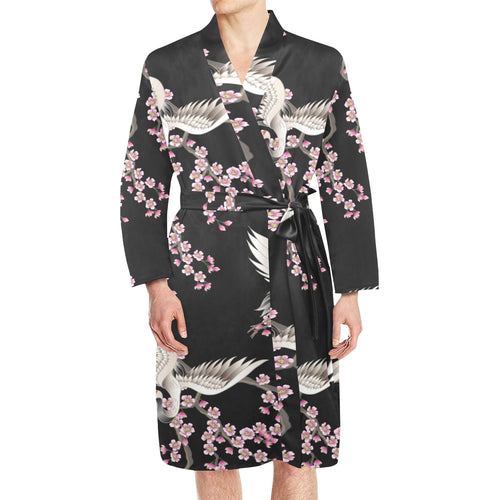 Japanese crane pink sakura pattern Men's Long Sleeve Belted Night Robe