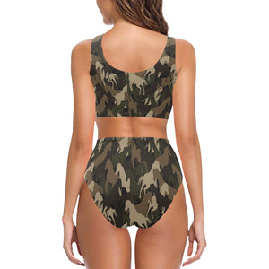 Horse Camouflage Pattern Chest Bowknot High Waisted Bikini Swimsuit