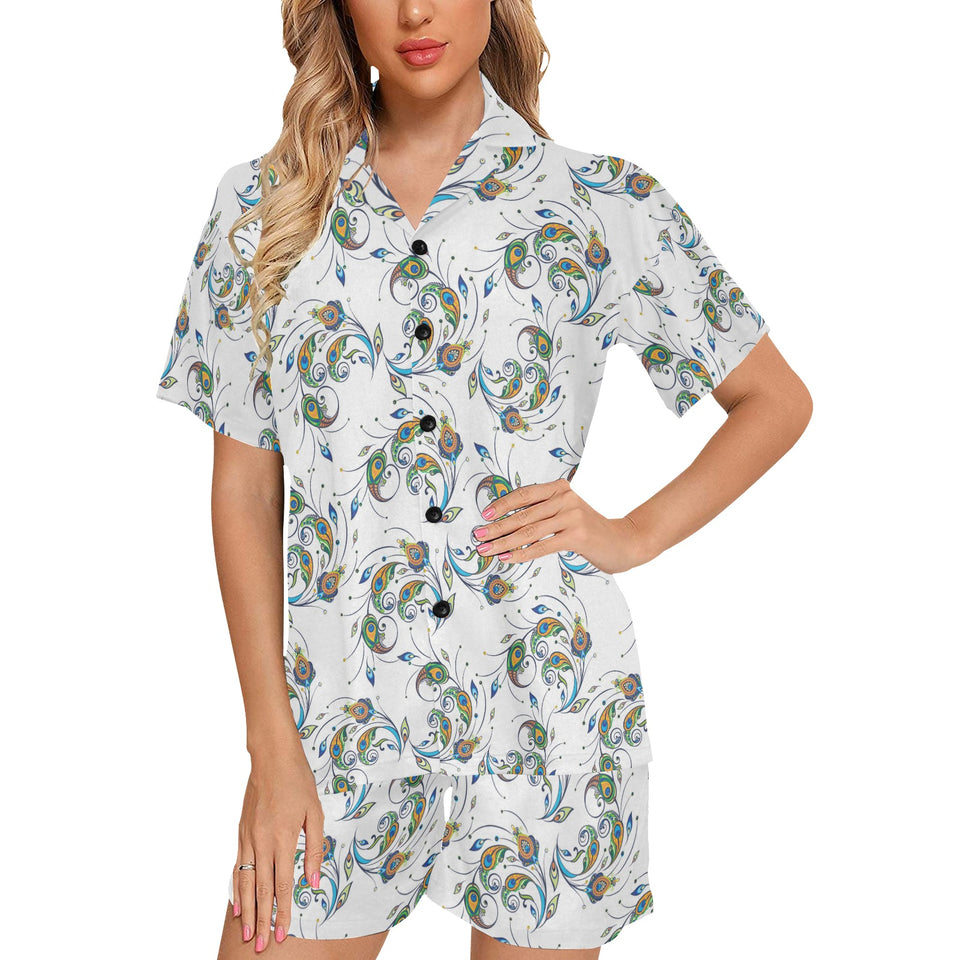 Peacock feather pattern Women's V-Neck Short Pajama Set