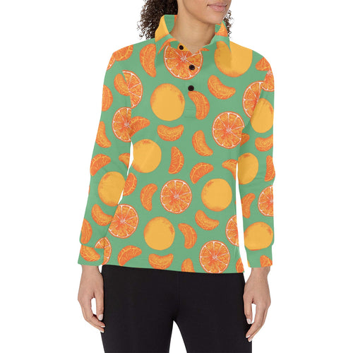 orange fruit pattern green background Women's Long Sleeve Polo Shirt