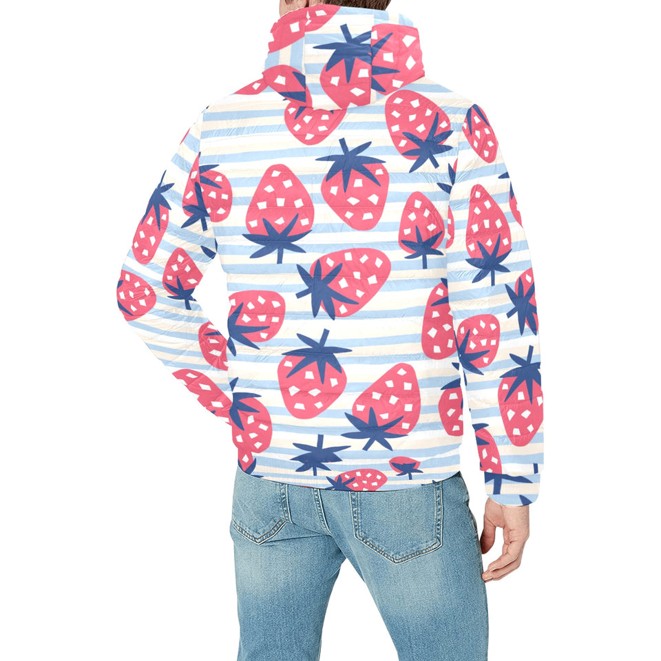 Strawberry pattern blue lines background Men's Padded Hooded Jacket