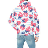 Strawberry pattern blue lines background Men's Padded Hooded Jacket