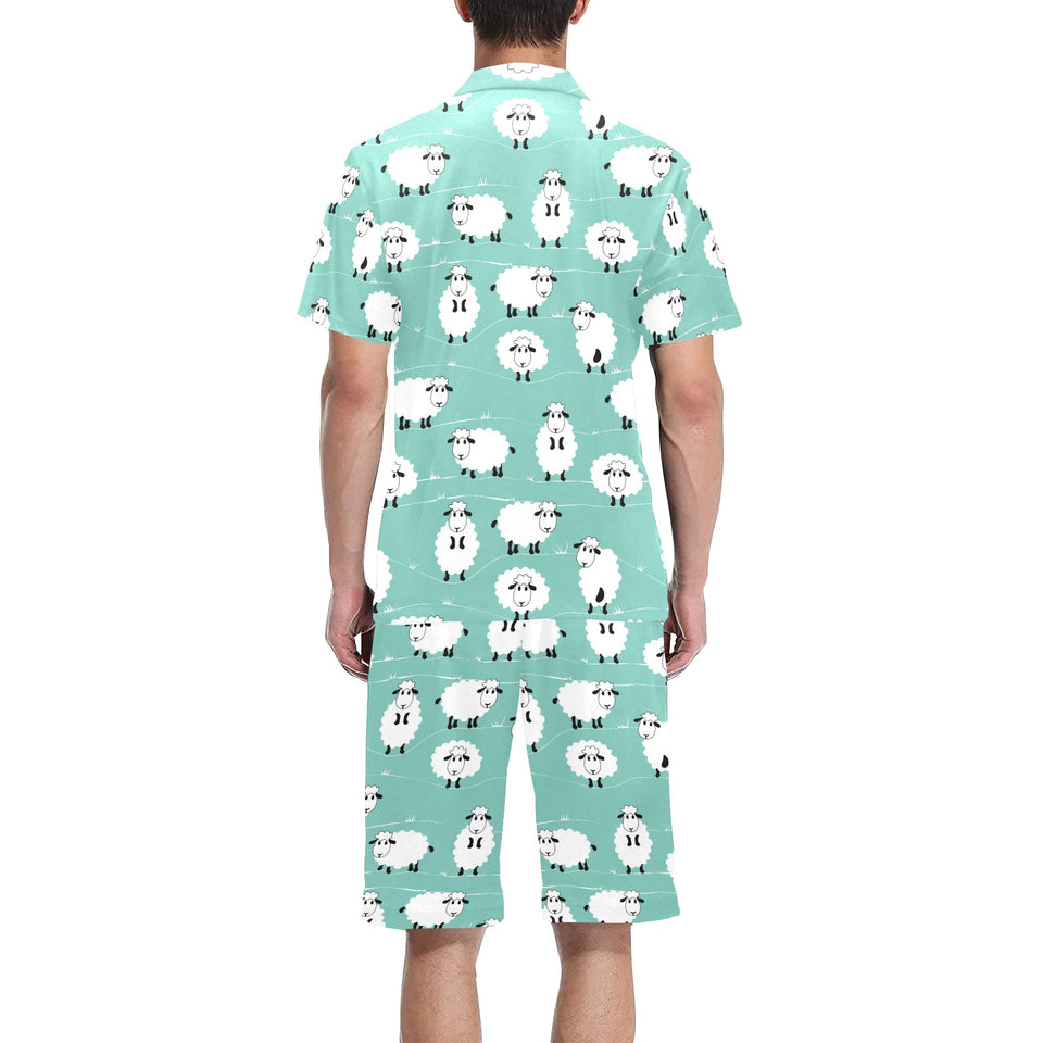 Cute sheep green background Men's V-Neck Short Pajama Set