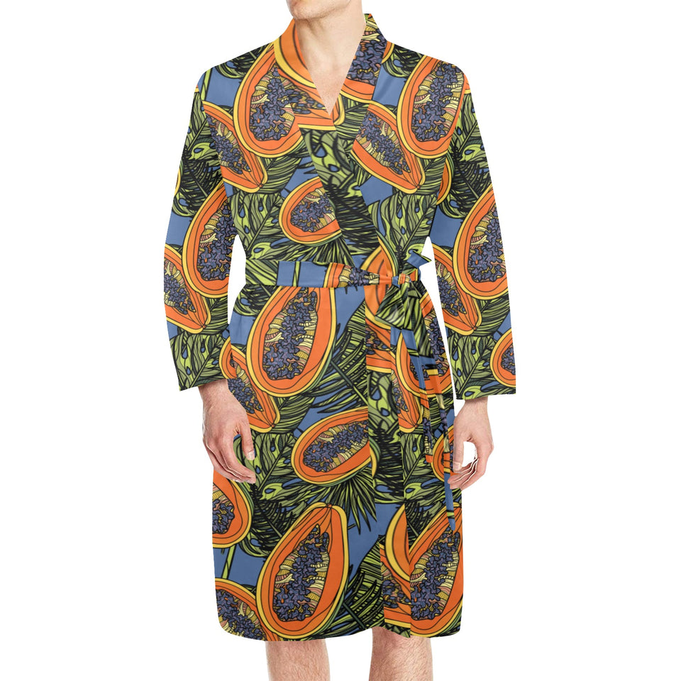 Colorful papaya tropical leaves Men's Long Sleeve Belted Night Robe