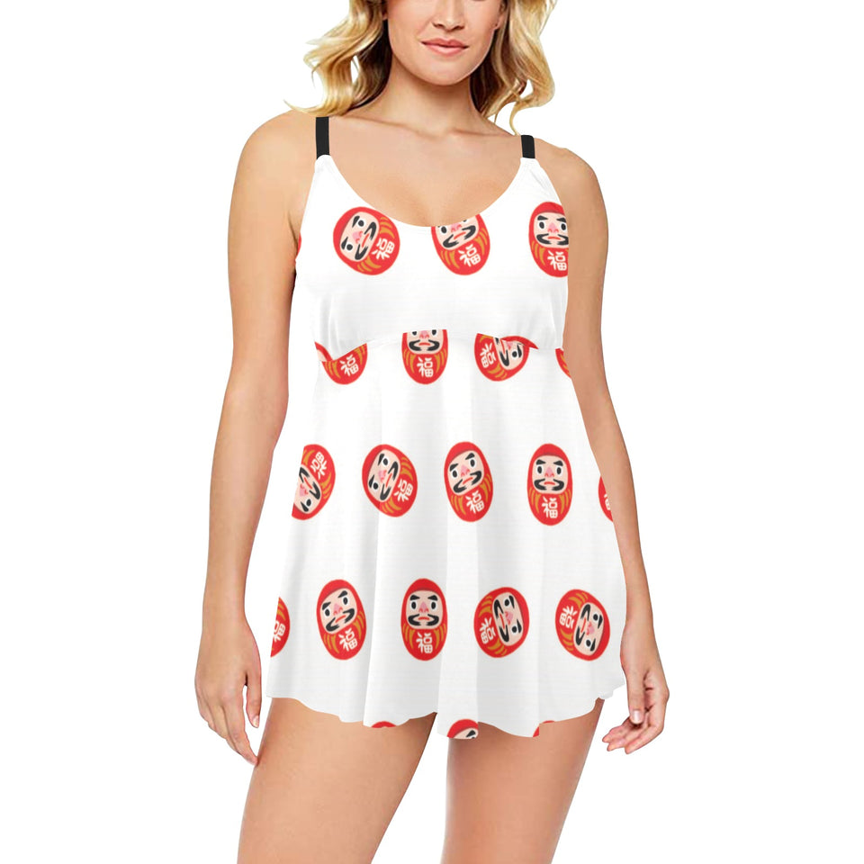 Daruma japanese wooden doll pattern Chest Sexy Pleated Two Piece Swim Dress