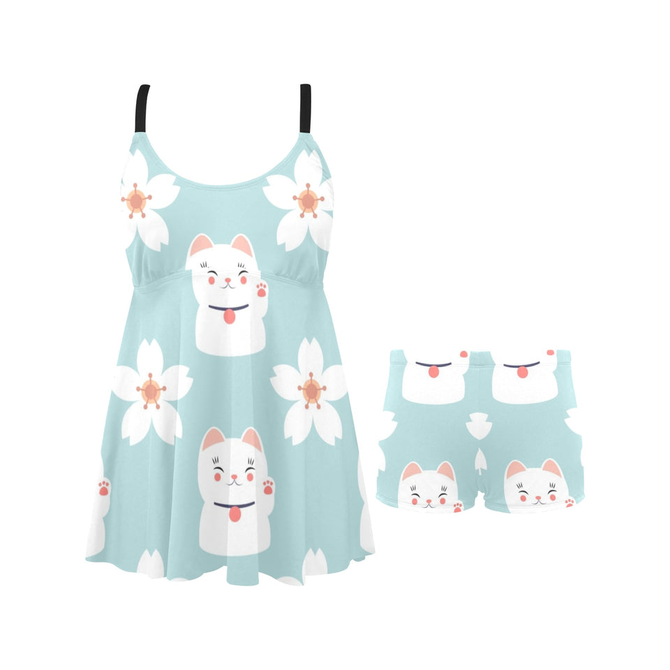 Maneki neko cat sakura Chest Sexy Pleated Two Piece Swim Dress