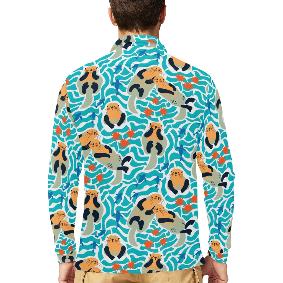 Cute sea otters fishe sea urchin pattern Men's Long Sleeve Polo Shirt