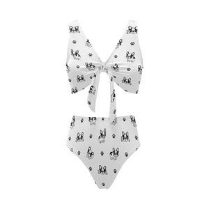 Cute french bulldog paw pattern Chest Bowknot High Waisted Bikini Swimsuit