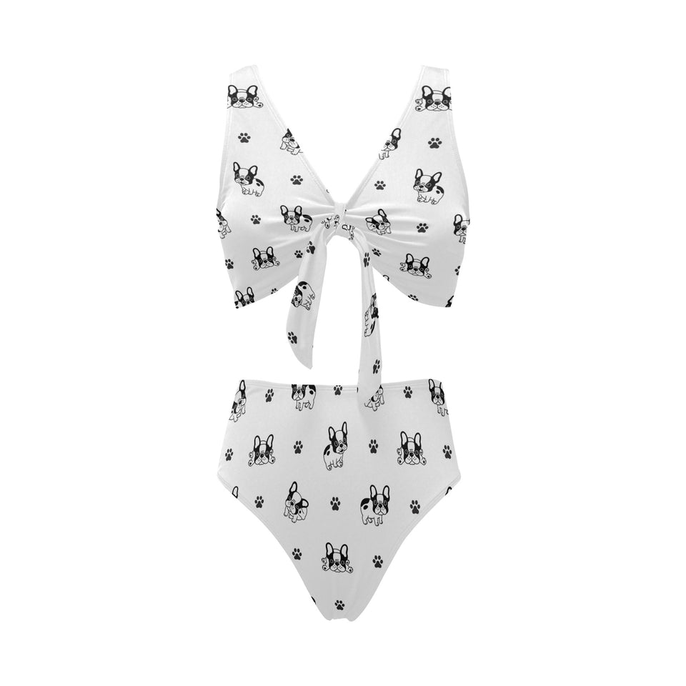 Cute french bulldog paw pattern Chest Bowknot High Waisted Bikini Swimsuit