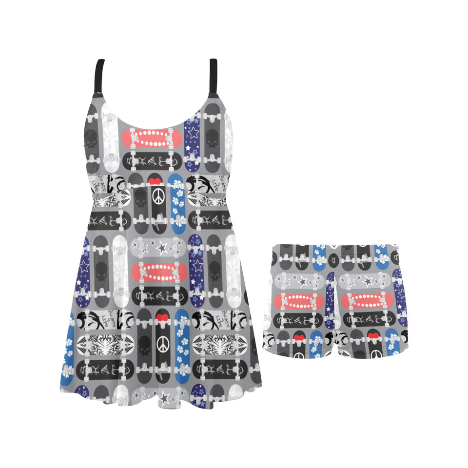 Skate Board Pattern Print Design 04 Chest Sexy Pleated Two Piece Swim Dress