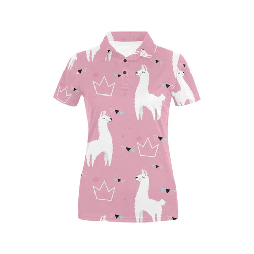 Llama Alpaca pink background Women's All Over Print Polo Shirt