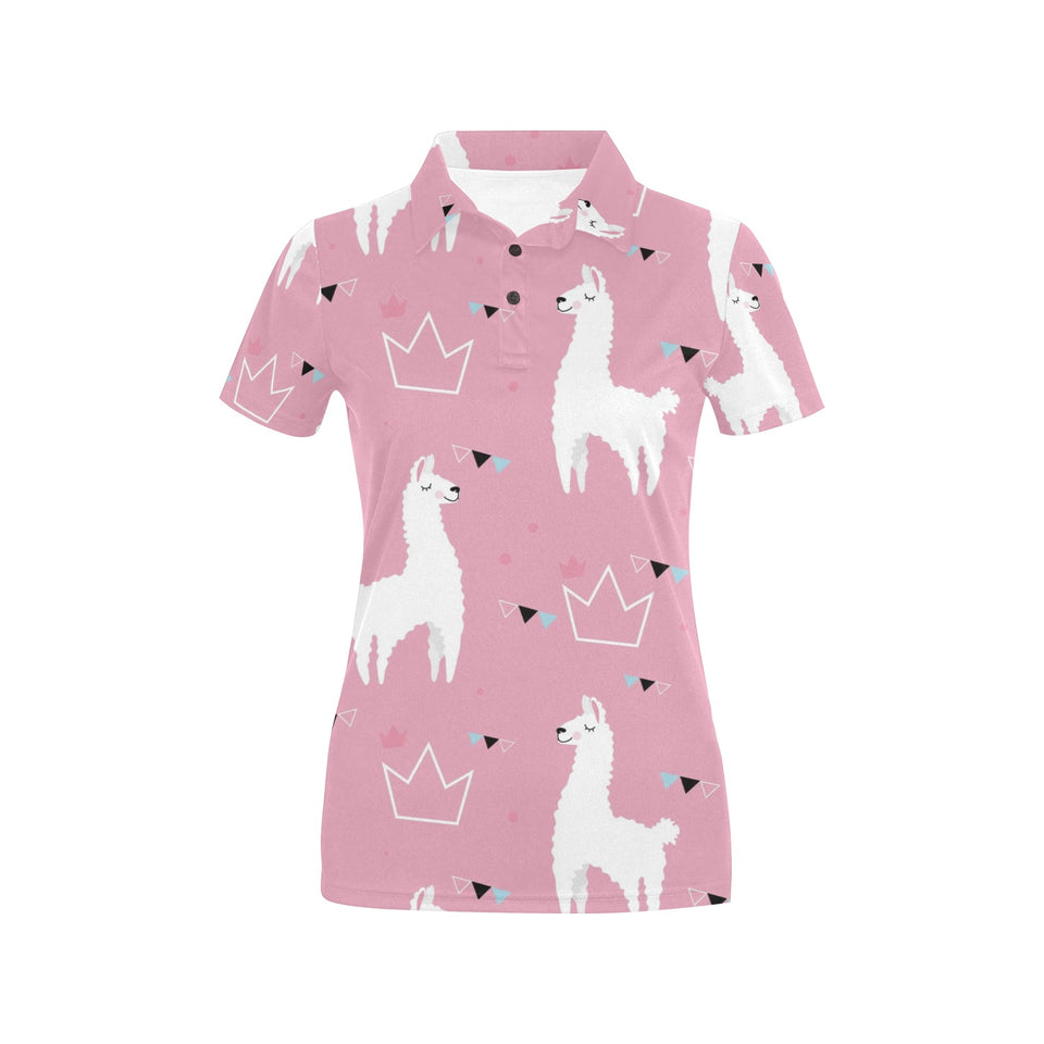 Llama Alpaca pink background Women's All Over Print Polo Shirt