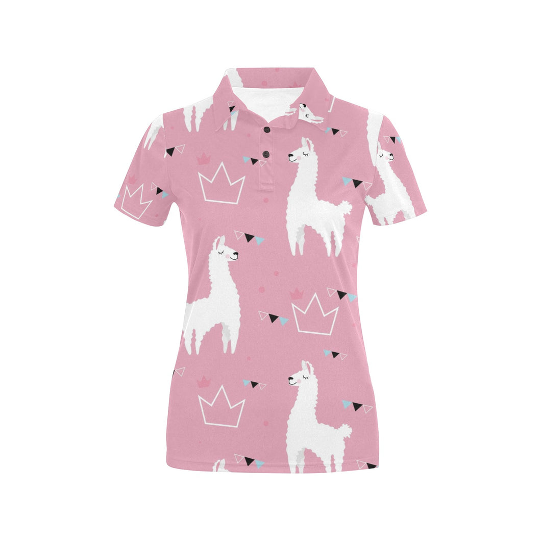 Llama Alpaca pink background Women's All Over Print Polo Shirt