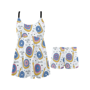 Snail Pattern Print Design 05 Chest Sexy Pleated Two Piece Swim Dress