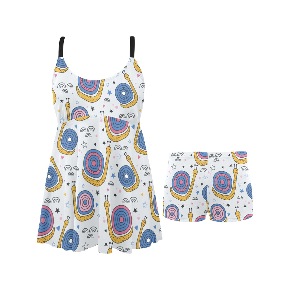 Snail Pattern Print Design 05 Chest Sexy Pleated Two Piece Swim Dress