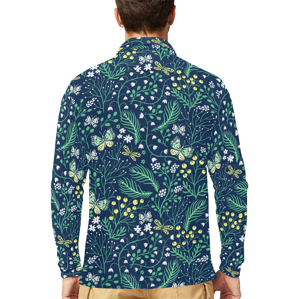 butterfly leaves pattern Men's Long Sleeve Polo Shirt